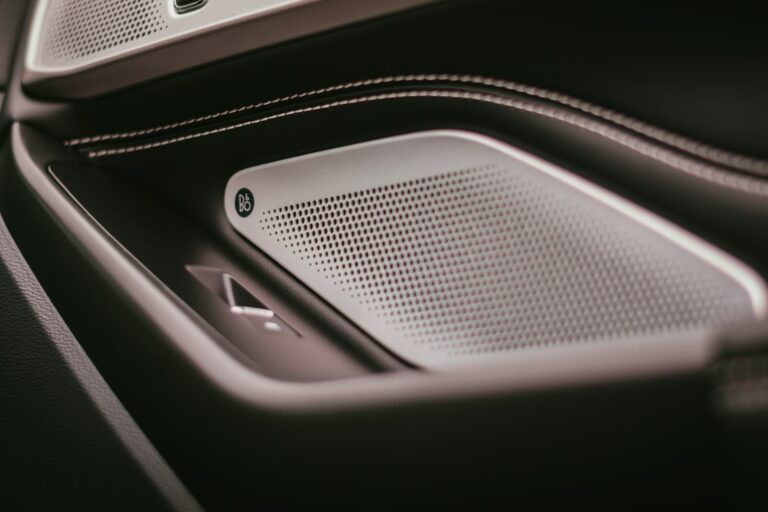 Detail van een autospeaker in het portier, onderdeel van een hoogwaardige geluidsinstallatie voor optimaal geluid