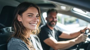 Leerling en instructeur tijdens rijles in de auto, passend bij het bepalen van het aantal rijlessen. 