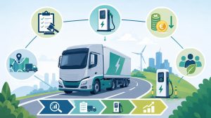 Infographic met een elektrische vrachtwagen op een landweg, omringd door pictogrammen voor regelgeving, laadinfrastructuur en kostenbesparing binnen het wagenparkbeheer