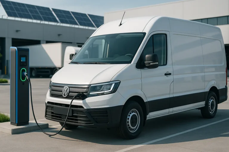 Elektrische bestelwagen laadt op bij modern laadstation in depot
