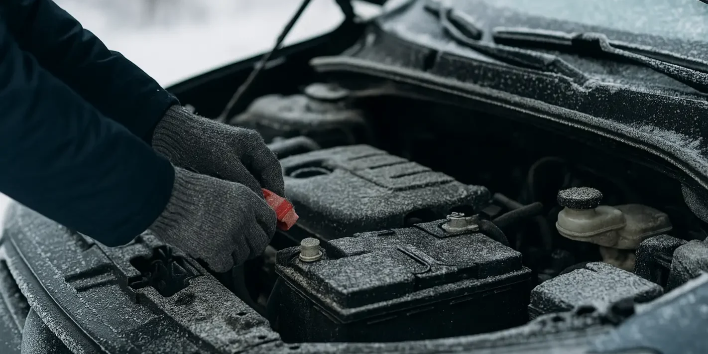 Handen controleren autobatterij om autopech voorkomen in winter