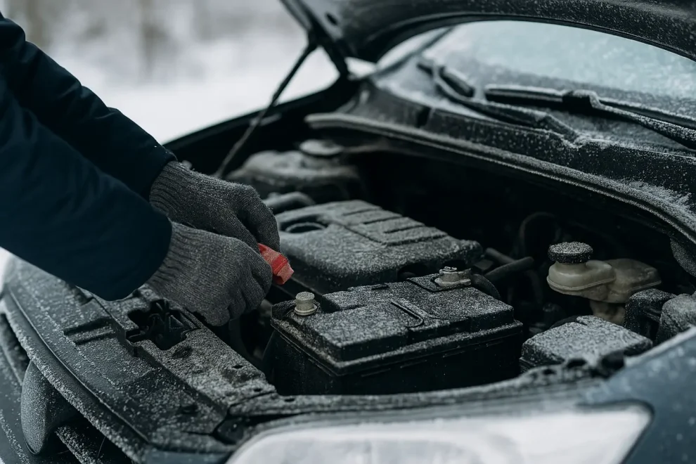 Welke onderdelen controleer je om autopech in de winter te voorkomen? Handen controleren autobatterij om autopech voorkomen in winter